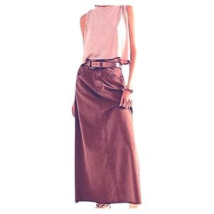 We The Free Denim Maxi Skirt Sz 12 Boho Faded Red Brown Raw Hem Come As you are